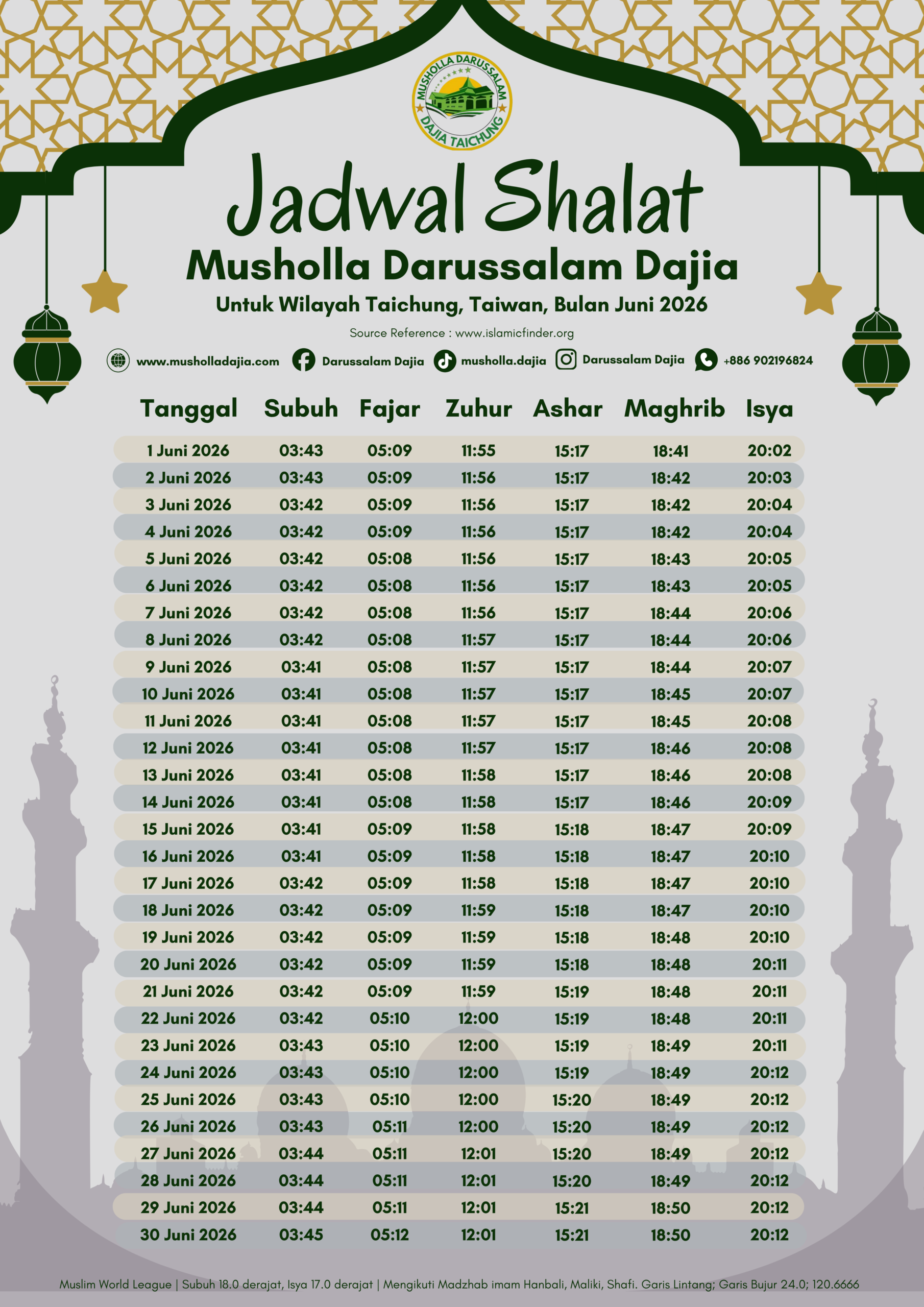 Jadwal Shalat Bulan Juni 2026